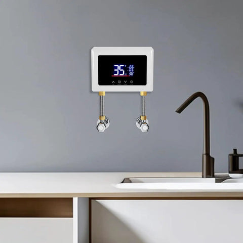 No Sweat Instant Tankless Water Heater Featuring Straight Up 3000W Heating Elements, Crisp Digital Temp Display, Hassle Free Wall Mount Design, And Zero Waiting Around For Hot Shower Water mounted on kitchen wall.