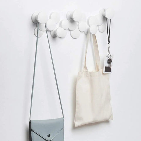Slick Scandinavian Wall Mounted Coat Hooks Knockout Resin Organizer, white coat hooks with bags, 51cm length, hanging in hallway.