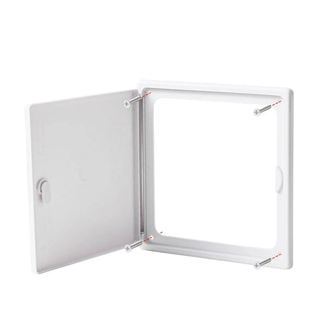 No Sweat 8X8 White Plastic Access Panel With Door, 6.5 Inch Opening showing open design perfect for HVAC and plumbing.