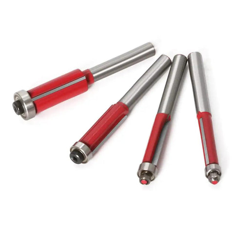 4 Piece Tungsten Carbide Flush Trim Router Bit Set With Top Bearing And Quarter Inch Shank For No Sweat Woodworking Trimming Tight Precision Edge Cutting Boss Grade Pro Shop Essential
