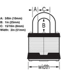 Diagram showing dimensions of Four Pack 2 Inch Wide Padlocks With 1 Inch Shackle Keyed Alike, suitable for industrial use.