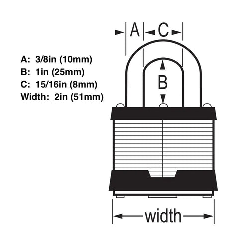 Diagram showing dimensions of Four Pack 2 Inch Wide Padlocks With 1 Inch Shackle Keyed Alike, suitable for industrial use.