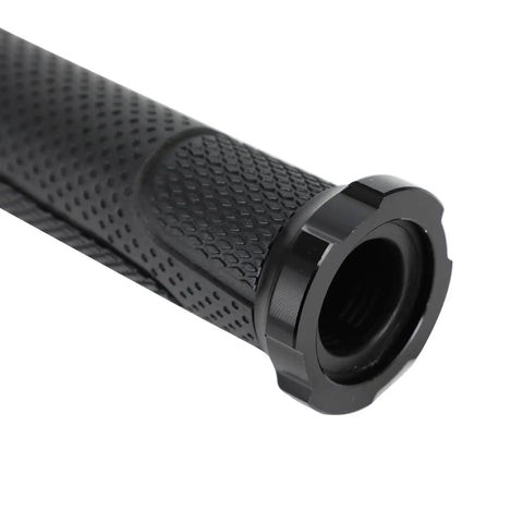 Close-up of Dope Throttle Grips For Surron Sur Ron Light Bee X And S Model, black rubber with textured grip and aluminum end plug.
