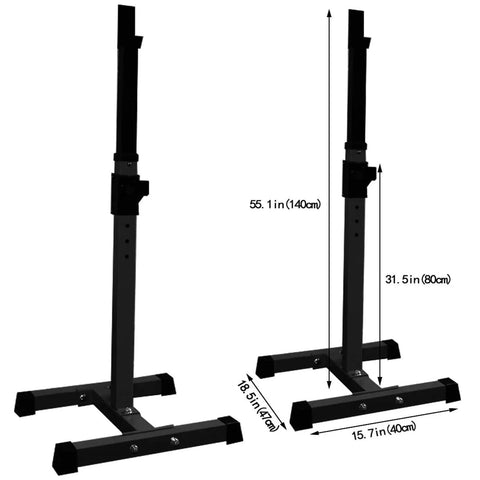 Adjustable Barbell Rack For Home Gym, Multi Function Squat Stand And Bench Press Station with steel frame, dimensions labeled