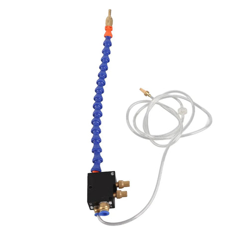 Top Shelf Mist Coolant Sprayer System Featuring Precise Spray Control For CNC Lathe Milling Drilling Stone Metal Tile Carving Machines Includes 8 Meter Air Hose with flexible blue hose and brass nozzle.