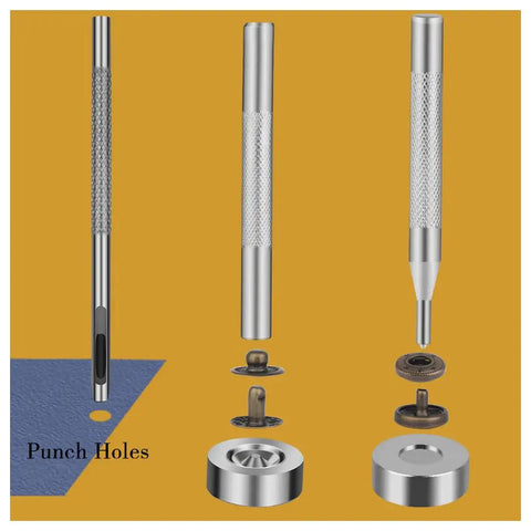 Leather Snap Fasteners Kit With 50 Sets 10mm Bronze Metal Snaps And 4 Installation Tools for sewing shown with tools and snaps demonstration