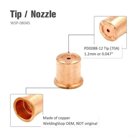 Tip/Nozzle from Heavy Duty 48 Pieces Plasma Cutter Consumables Kit For Eastwood Versa 60A Systems, copper material, 1.2mm.