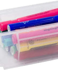 Blue Stackable Plastic Storage Bins 7x4x3 Inch, Space-Saving Organizer for Garage, Pantry, Craft Room, 24-Pack holding markers.