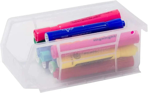 Blue Stackable Plastic Storage Bins 7x4x3 Inch, Space-Saving Organizer for Garage, Pantry, Craft Room, 24-Pack holding markers.