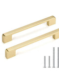 Two solid zinc alloy brushed gold cabinet pulls with screws; Thirty Pack Brushed Gold Cabinet Pulls Solid Zinc Alloy Gold Handles For Kitchen Cabinets Easy Install Must Have No Fuss Dresser Drawer Pulls Brushed Brass Zinc Alloy Hardware.