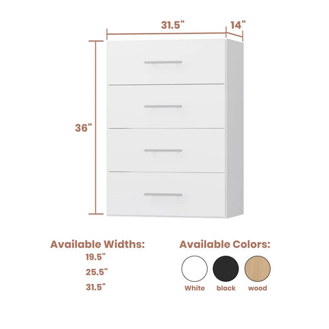 White 4 Drawer Stackable Closet Organizer Unit with Drawers, 31.5 Inch Wide, Modular Wood Storage Bins for Hanging Clothes
