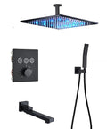 Straight Up Matte Black Ceiling Mount Shower System With Water Powered Led Rain Head Temp Tracking Color Swap Slick Handheld Sprayer And Smooth Swivel Tub Spout For Bathrooms
