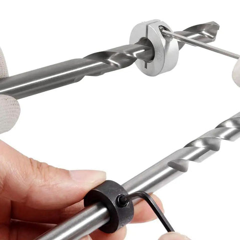 Split Ring Drill Bit Stop Collar Set Depth Stop Kit with size details and Allen wrench for precise drilling adjustment shown