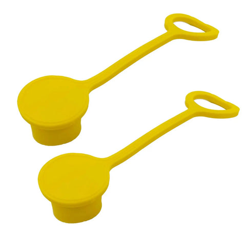 Two yellow Three Quarter Inch Soft PVC Dust Free Yellow Protection Cap For Propane Quick Connect Hose Fittings And Male Fittings 2 Pack Fits Up To 1.02 Inch Diameter