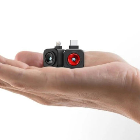 Hand holding Nano 200 Thermal Camera for iPhone and iOS with USB C Connector, high resolution 200 x 150 thermal imager.