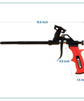 Pro Spray Foam Gun With PTFE Coated Chamber And Adjustable Flow Dial For Slick Use Ergonomic Grip Plus Eight Inch Extended Barrel Universal Screw Adapter Gonna Get Your Insulation Work Done Quick With Zero Clogs Daily, 12.6 inch length.