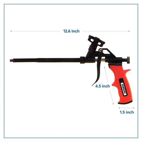 Pro Spray Foam Gun With PTFE Coated Chamber And Adjustable Flow Dial For Slick Use Ergonomic Grip Plus Eight Inch Extended Barrel Universal Screw Adapter Gonna Get Your Insulation Work Done Quick With Zero Clogs Daily, 12.6 inch length.