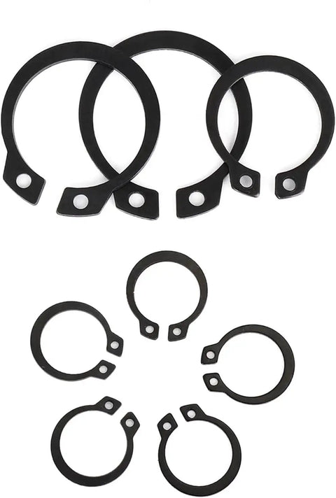 Top Notch 100 Piece External Circlip Set showing heavy duty C-Clip retaining snap rings in black, suitable for axles and valves.