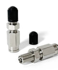 Pair of chrome Schrader inflation valves with push-to-connect fittings for 1/4 in. OD air tubing; includes black caps.