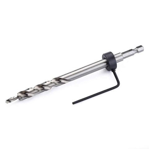 Two Pack Three Eighths Inch Pocket Hole Drill Bit Set With HSS Twist Step And Depth Stop Collar, close-up of single drill bit.