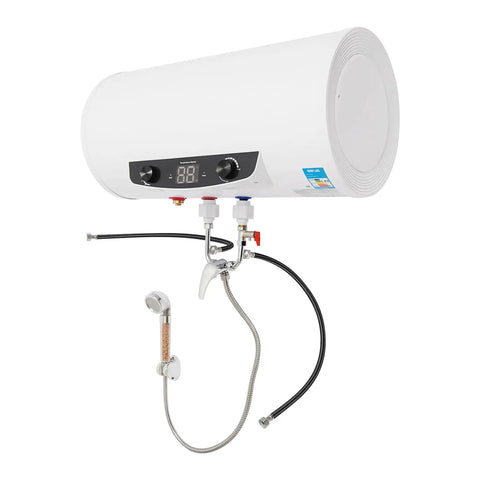 No Hassle 13 Gallon Electric Water Heater 1500 Watt 110 Volt Reliable Storage Tank with stainless steel and digital display.
