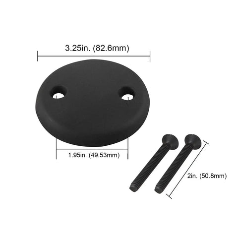 Dual Hole Bathtub Drain Overflow Cover Plate With Two Matching Screws Easy Peasy Installation Hella Solid Zinc Construction Drop Dead Sleek Matte Black Finish Top Shelf Bathroom Glow Up showing dimensions and screws.