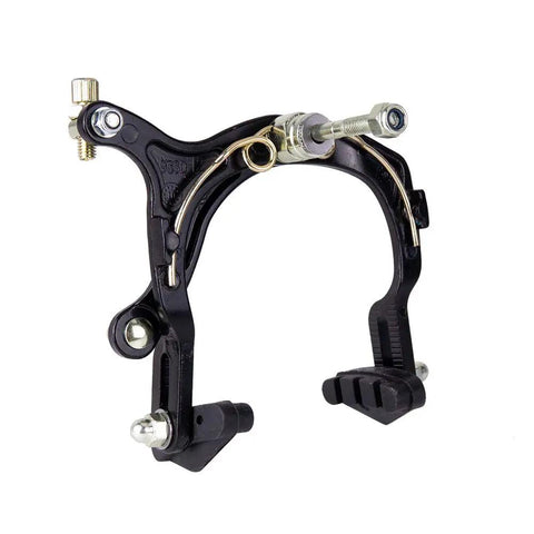 Front view of black V-brake caliper for mountain bikes, part of a pair of front and rear V brake caliper set for mountain bikes.