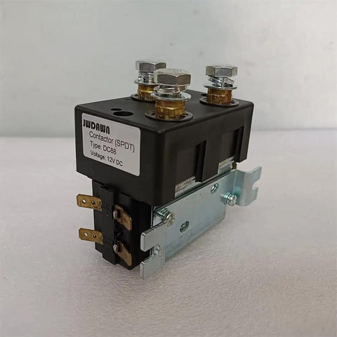 Jw Dawn 12V 100A SPDT Motor Reversing Contactor Solenoid Switch with metal casing and terminals for electric vehicles.