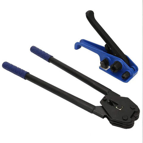 Blue Manual Steel Strap Tensioner Crimper Tool Set For Packing And Shipping shown with easy grip handle and durable components.