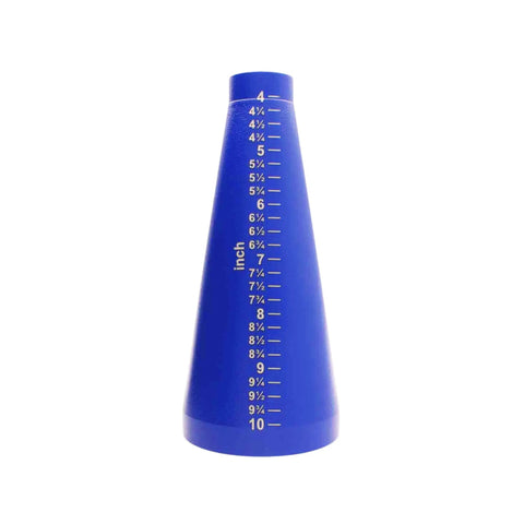 Blue aluminum bracelet gauge sizer for jewelry making with clear 4 to 10 inch markings; mandrel for DIY bangles and beaded bracelets.