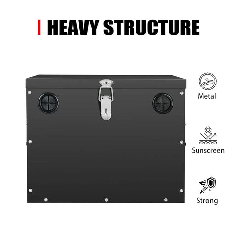 Heavy Duty Rock Solid Group 27 Steel Battery Box With Lock Secure Cover For RV Marine Rig Road Ready Power Rack Mount Black Powder Finish, front view.