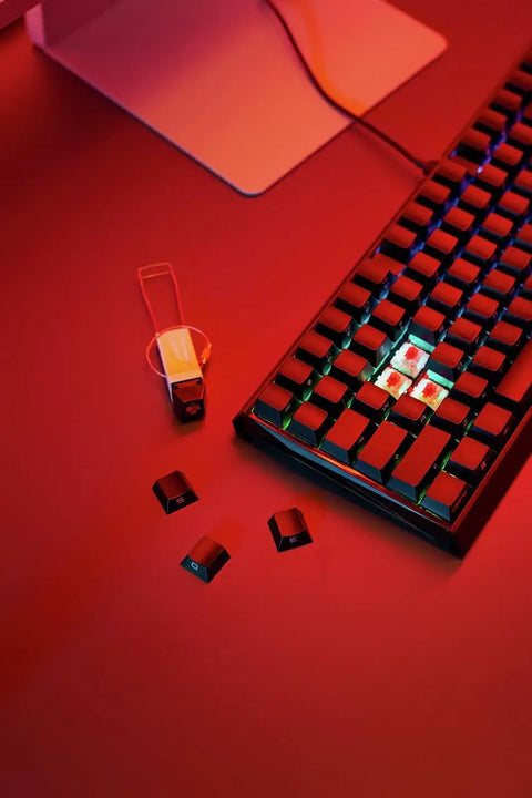 Dope Mechanical Wireless Gaming Keyboard With Fresh MX2A Blue Switches Smooth As Butter Actuation on a red background with keycaps.