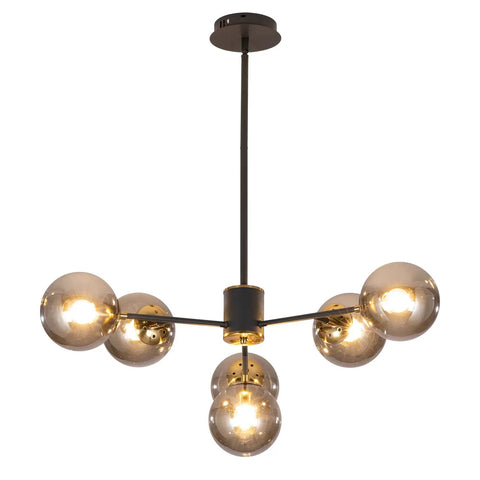 Six Light Glass Globe Sputnik Chandelier In Matte Black With Amber Shade For Kitchen Island Dining Room Living Room Modern Mid Century Pendant Lamp For Home Decor