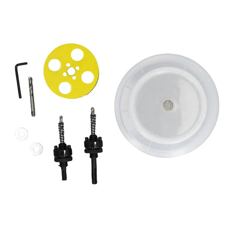 Kickstart Your DIY Projects With This 4.25 Inch Hole Saw Kit For Recessed Light Installations Featuring A Heavy Duty Bimetal Blade And Dust Bowl For Smooth Cuts In Wood And Drywall, kit parts on white