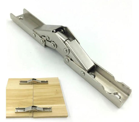 Heavy Duty Stainless Steel 90 Degree Folding Hinge Hidden Shelf Bracket Table Mount With No Sweat Setup For Cabinetry And Decor Built Tough Rust Resistant Hardware Kit 2 Piece Set shown open with wood panel.