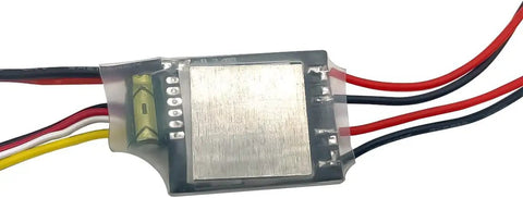 Close-up of Beefy 5A Brushed ESC Dual Way Bidirectional For 2S To 3S LiPo RC Boats And Tanks With Built In Capacitor, wires attached