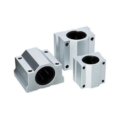 Four Pack Aluminum Linear Motion Ball Bearings Set Engineered For Dead Nuts Slide Bushing Blocks And Precision SCS10UU Rails, three aluminum bushings.