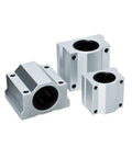 4 Pack Aluminum Linear Motion Ball Bearing Sliding Bushing Block Shaft Guide for CNC and 3D printers, showcasing three sizes.