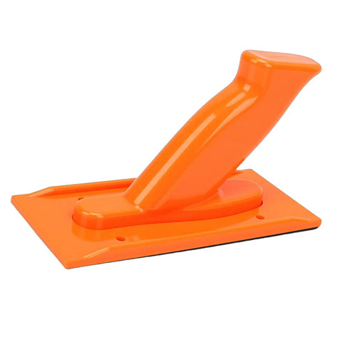 Heavy Duty Non Slip Woodworking Push Block And Safety Push Stick With Ergonomic Tilted Handle Is A Total Kickback Buster in bright orange.