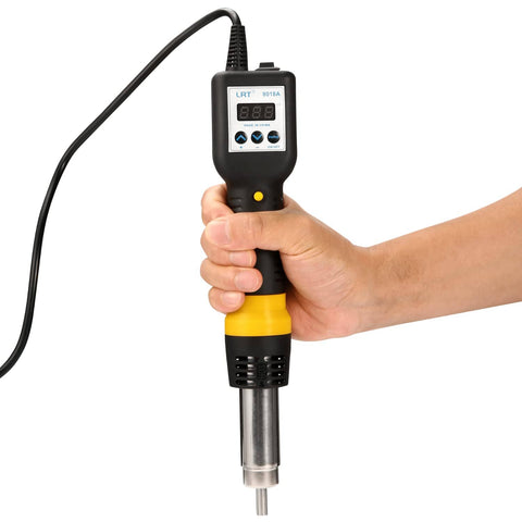 Hand holding a Pro Grade Hot Air Rework Station With Digital Temperature Control And 600W SMD Desoldering Gun with LED Display.