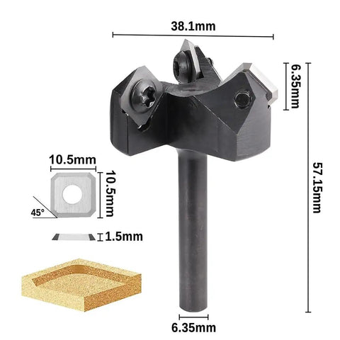 CNC Spoilboard Surfacing Router Bit With 1/4 Inch Shank 1-1/2 Inch Cutting Diameter 3 Wing Carbide Insert Slab Flattening Bit With 10 Replaceable Inserts For Fast And Smooth Wood Surface Planing And Pro Grade Performance diagram