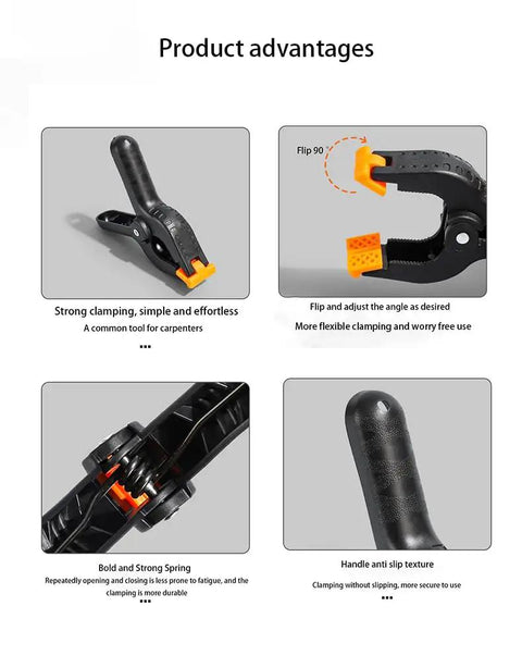 Grab This Heavy Duty Plastic Spring Clamps 20 Pack For Woodworking, Balloon Arch Backdrop And Tarps With Multi Size Durability Hand Tools That Are Totally Sick black plastic spring clamp with orange jaws and anti-slip handle, close-up