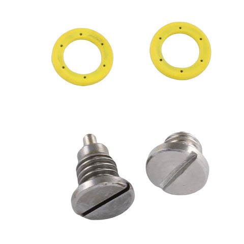 Upgrade Your Boating Game With This Super Durable Metal Drain Plug Kit For Mariner Outboard Engines, Perfect For Keeping Your Gearcase Fresh, Leak-Free And Ready To Cruise Without Any Messy Oil Fluid Issues During Routine Maintenance Today. metal drain plug kit with two yellow rings