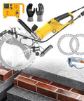 Heavy Duty Wet Concrete Saw Featuring Beast Mode 5000W Brushless Motor With Adjustable Depth For No Sweat Brick And Stone Cutting Includes Coolant Pump Steel Toolbox And Dual Discs For Real Deal Masonry Jobs with gloves, goggles, and pump.