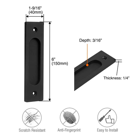 Dimensions and features of 2 Pack 6 Inch Sliding Barn Door Handles And Rectangular Pocket Door Pulls In Matte Black, Farmhouse Rustic Style