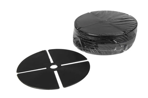 Heavy Duty One Eighth Inch Paver Pedestals And Shims 100 Pack Black Plastic Leveling Blocks stacked and one on surface.