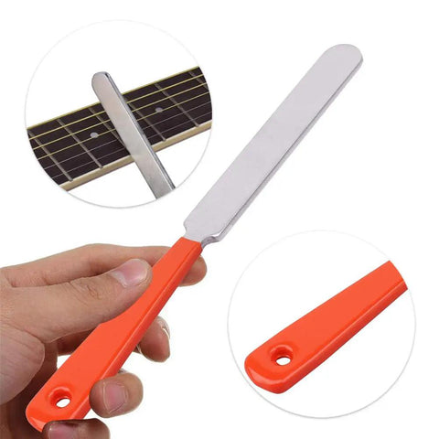 Pro Grade Guitar Repair Kit With Fret Leveling Beam shown with orange handle and close-up on guitar fretboard insets