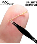 Ultra Precise Pointed Tweezers For Ingrown Hair Removal Extra Thin Stainless Steel Fine Tip with splinter removal on finger.