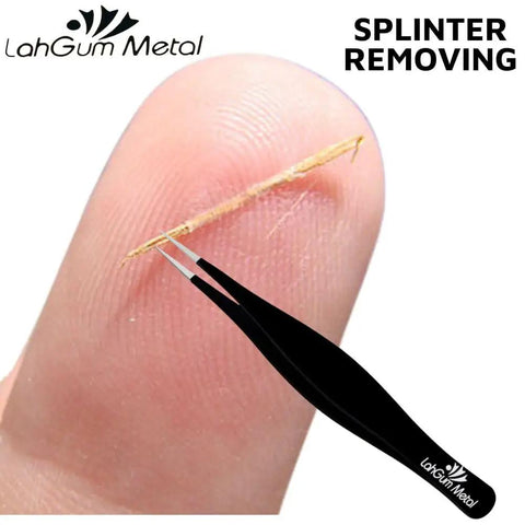 Ultra Precise Pointed Tweezers For Ingrown Hair Removal Extra Thin Stainless Steel Fine Tip with splinter removal on finger.