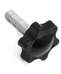 Front view of black plastic star-shaped knob with a silver 1/4-20 threaded bolt.